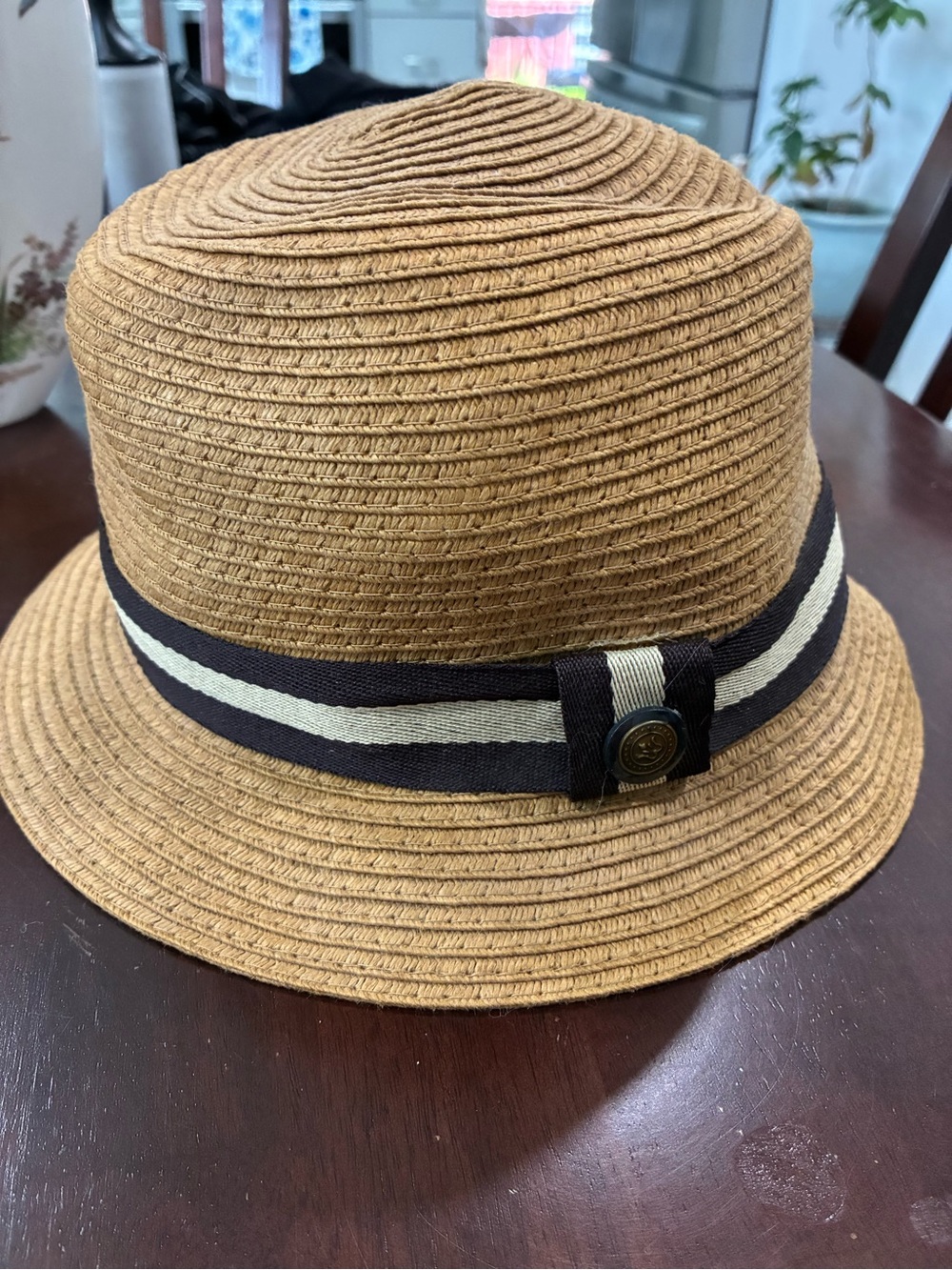 Woven Tan Fedora Hat with Striped Band